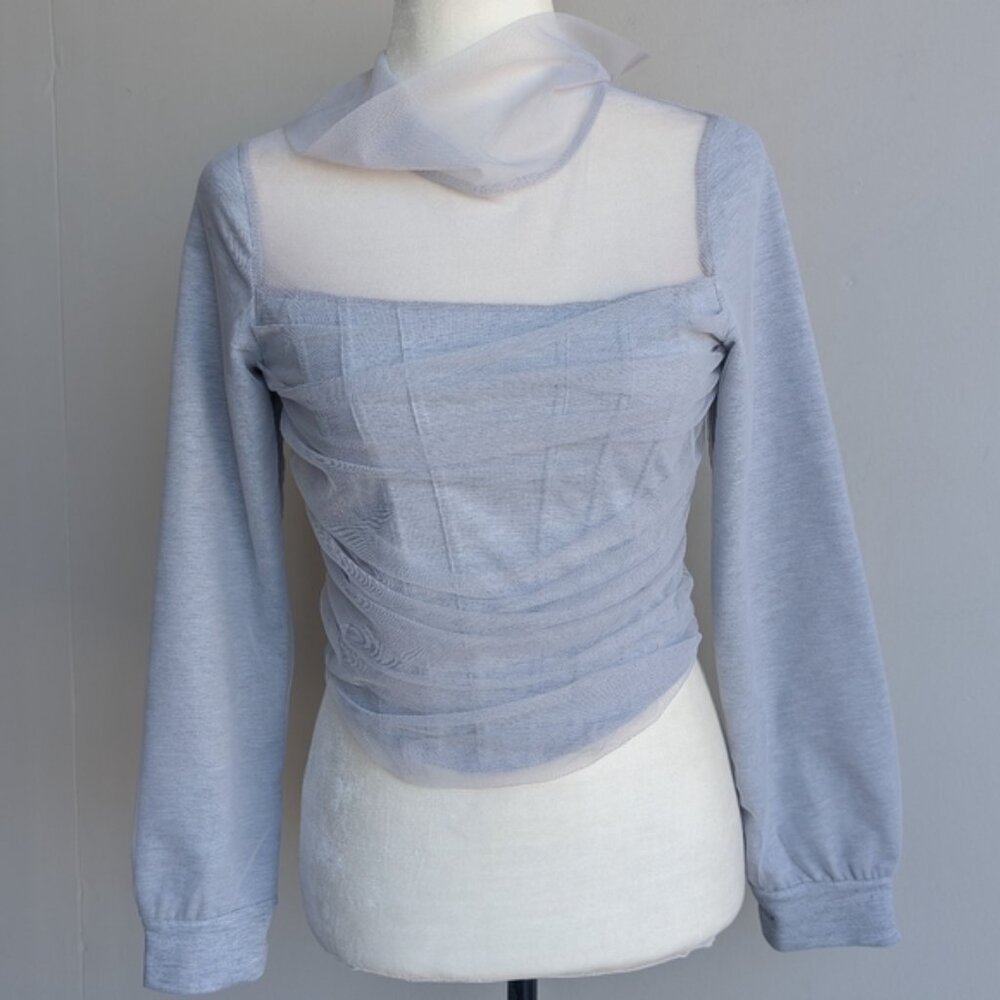Mock Neck Mesh Sheer Gray Long Sleeve Top